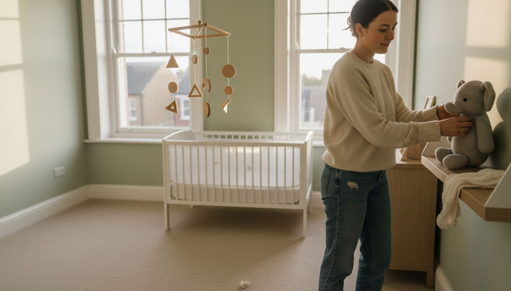 Parent adjusts toys under nursery mobile