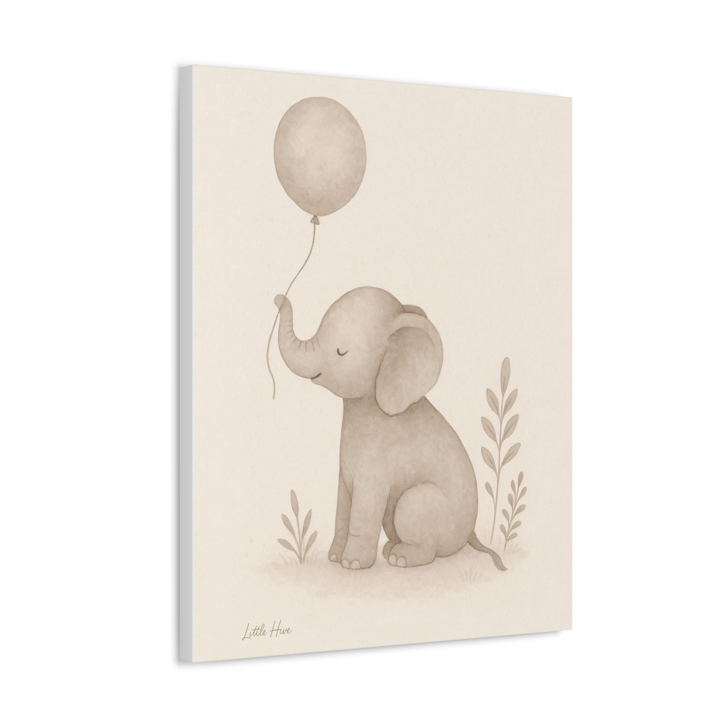 Baby Elephant Holding a Balloon — Nursery Stretched Canvas (Neutral Baby Room Wall Art)