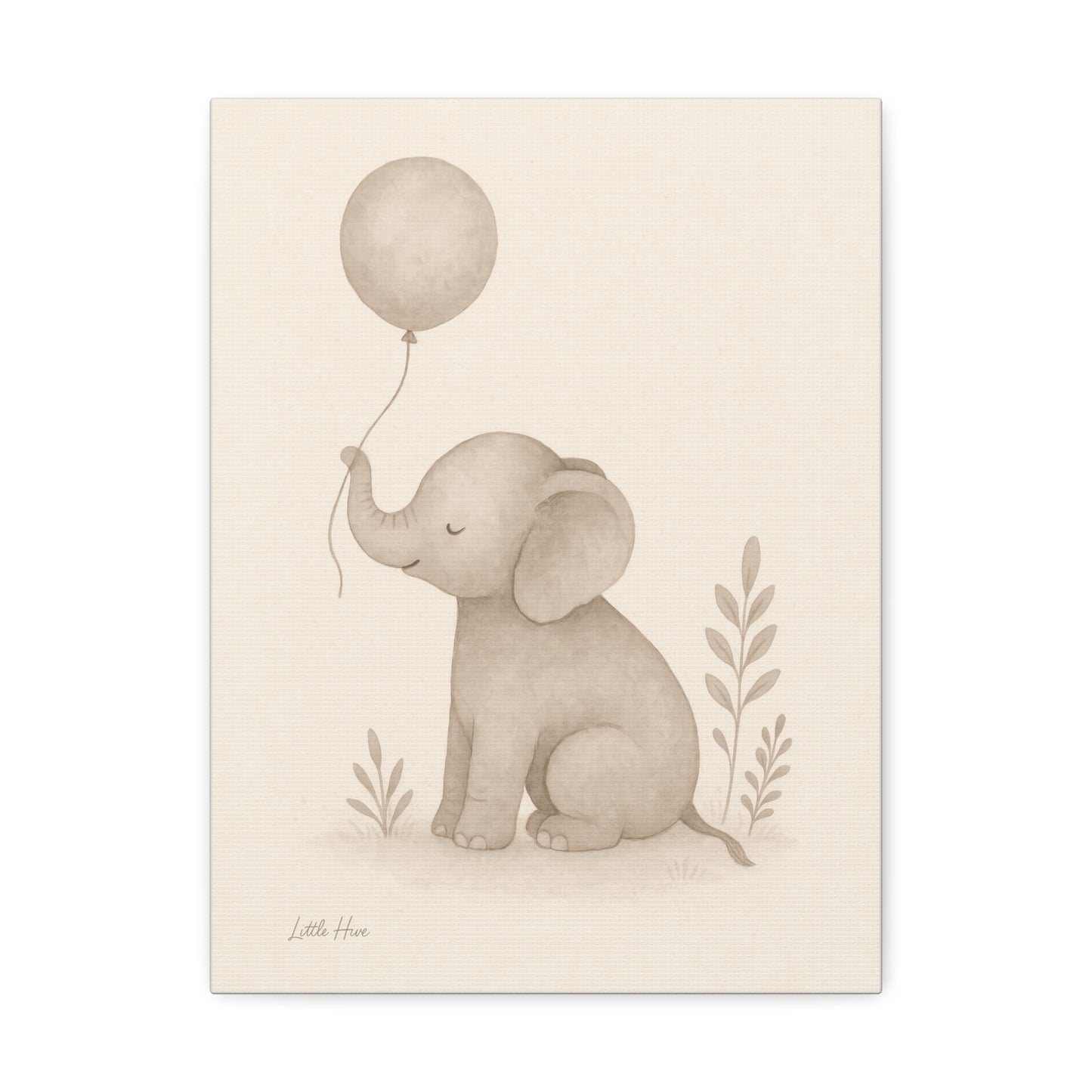 Baby Elephant Holding a Balloon — Nursery Stretched Canvas (Neutral Baby Room Wall Art)