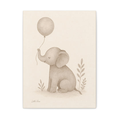 Baby Elephant Holding a Balloon — Nursery Stretched Canvas (Neutral Baby Room Wall Art)