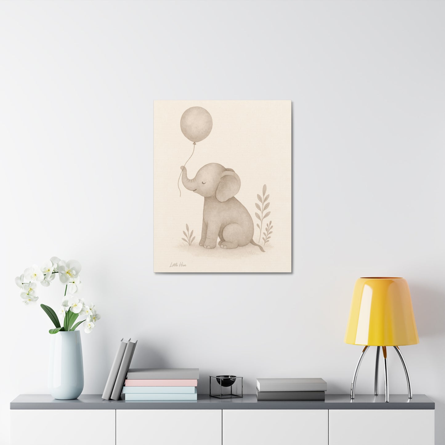Baby Elephant Holding a Balloon — Nursery Stretched Canvas (Neutral Baby Room Wall Art)