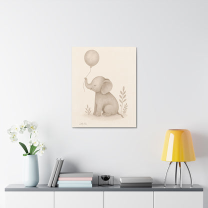 Baby Elephant Holding a Balloon — Nursery Stretched Canvas (Neutral Baby Room Wall Art)
