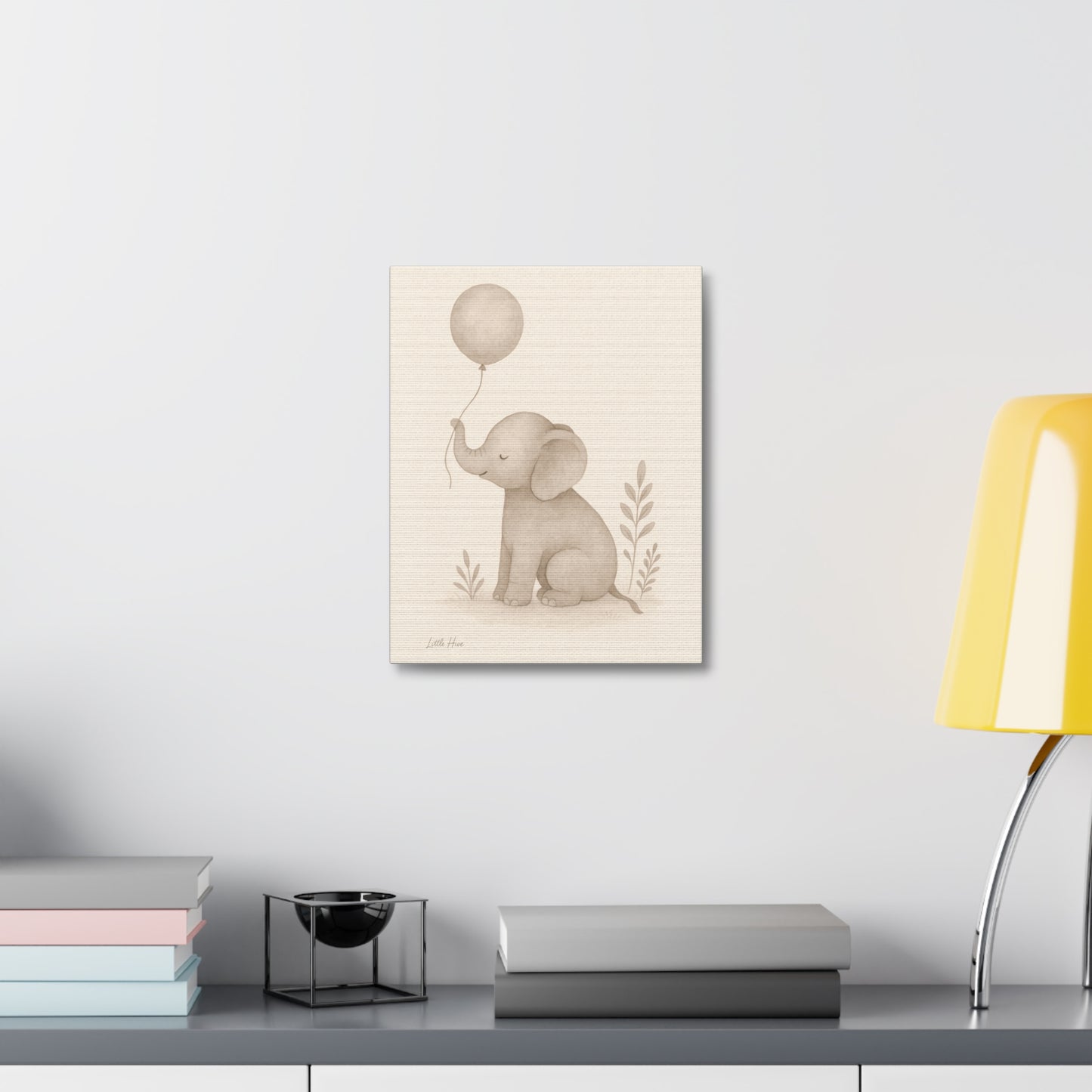 Baby Elephant Holding a Balloon — Nursery Stretched Canvas (Neutral Baby Room Wall Art)