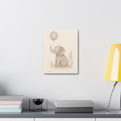 Baby Elephant Holding a Balloon — Nursery Stretched Canvas (Neutral Baby Room Wall Art)