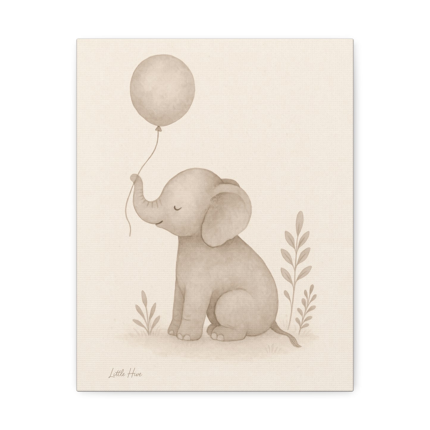Baby Elephant Holding a Balloon — Nursery Stretched Canvas (Neutral Baby Room Wall Art)