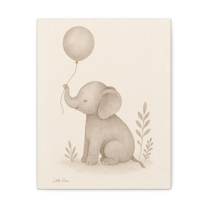 Baby Elephant Holding a Balloon — Nursery Stretched Canvas (Neutral Baby Room Wall Art)
