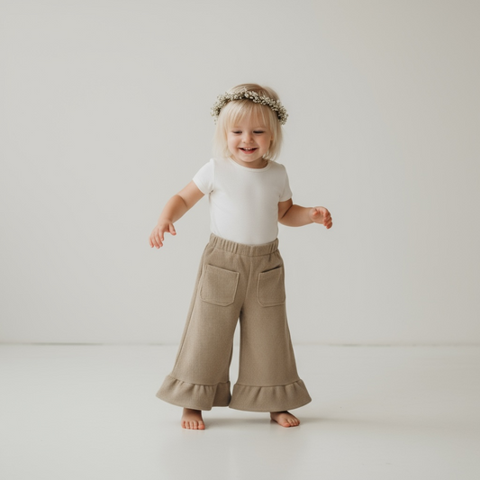 Taupe Cotton Corduroy Ruffle Hem Trousers