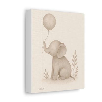 Baby Elephant Holding a Balloon — Nursery Stretched Canvas (Neutral Baby Room Wall Art)