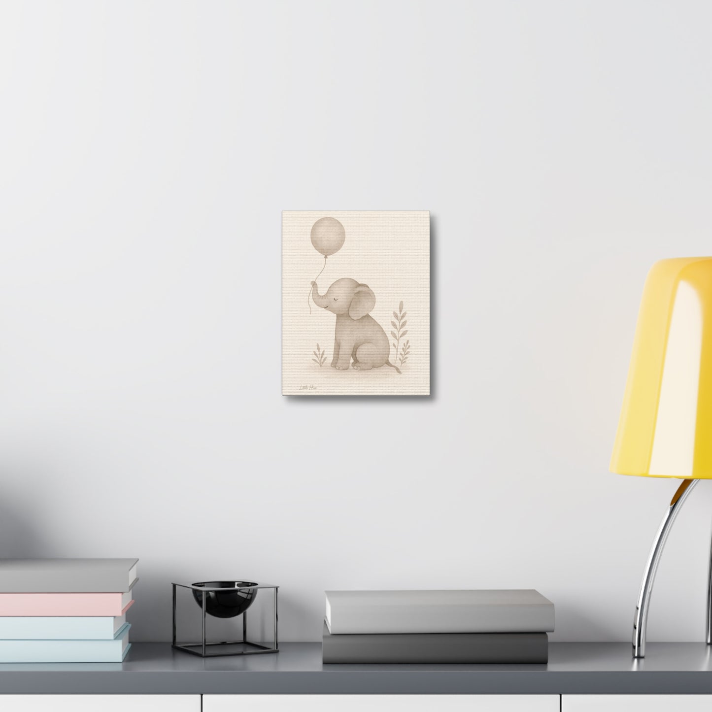Baby Elephant Holding a Balloon — Nursery Stretched Canvas (Neutral Baby Room Wall Art)