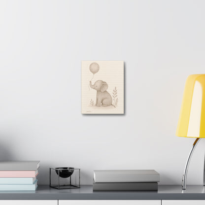 Baby Elephant Holding a Balloon — Nursery Stretched Canvas (Neutral Baby Room Wall Art)