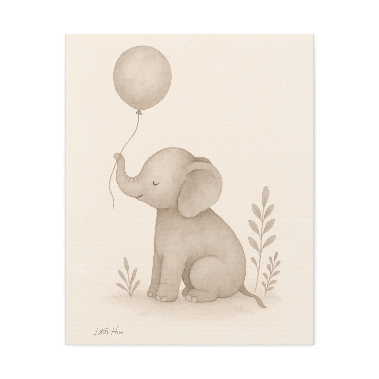 Baby Elephant Holding a Balloon — Nursery Stretched Canvas (Neutral Baby Room Wall Art)