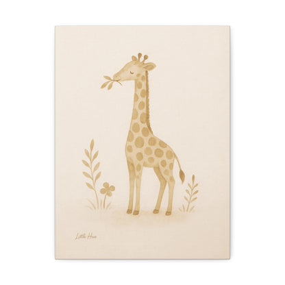 Illustration of a giraffe holding a leaf on a beige background with 'Little Hive' branding.