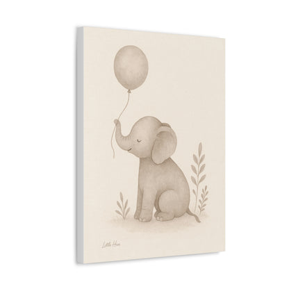 Baby Elephant Holding a Balloon — Nursery Stretched Canvas (Neutral Baby Room Wall Art)