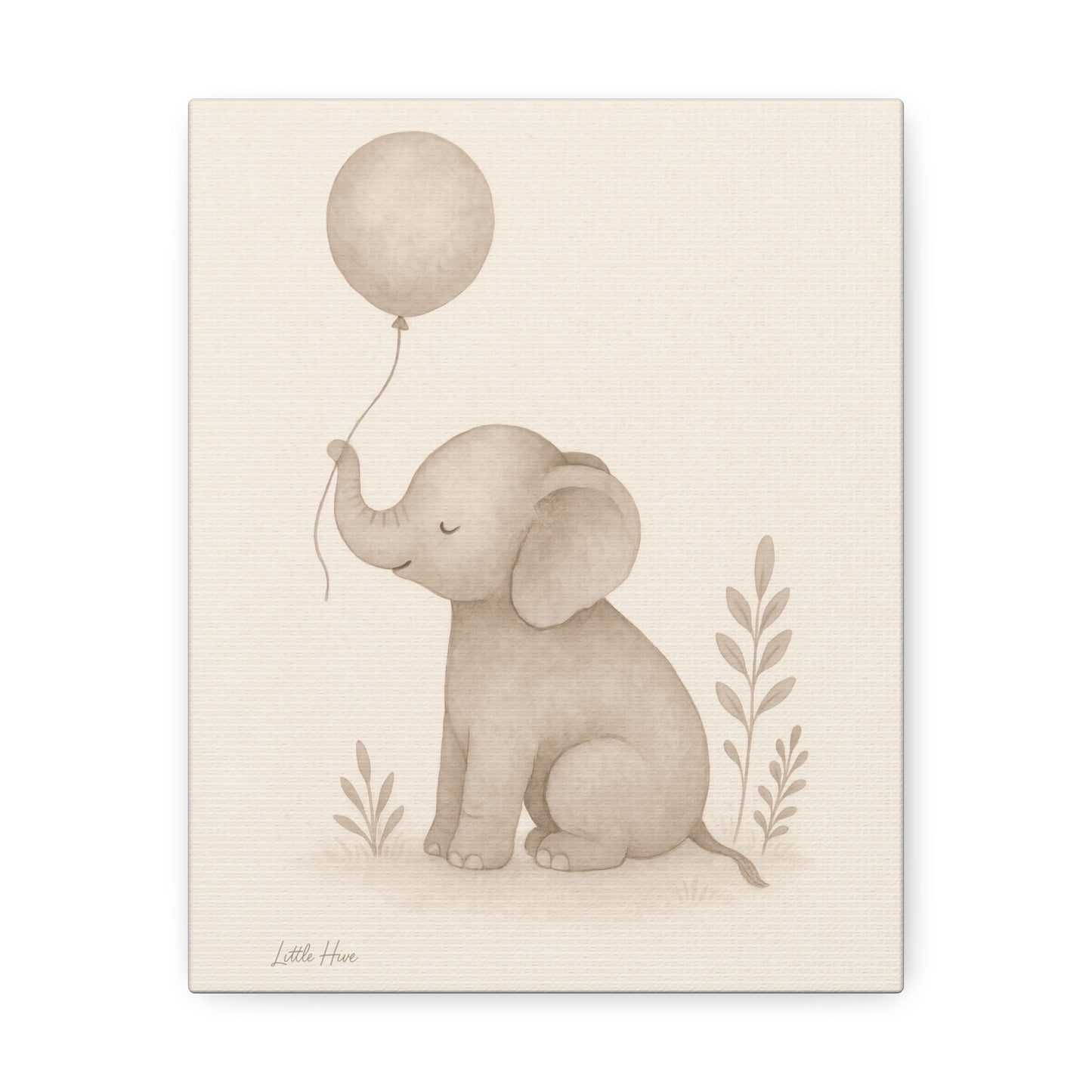 Baby Elephant Holding a Balloon — Nursery Stretched Canvas (Neutral Baby Room Wall Art)