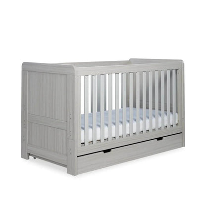 Ickle Bubba Pembrey Cot Bed & Under Drawer Ash Grey - Premium Sprung Mattress