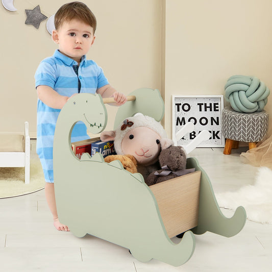 2 in 1 Wooden Baby Push Walker Toddler Shopping Cart with Pine Wood Handle-Green