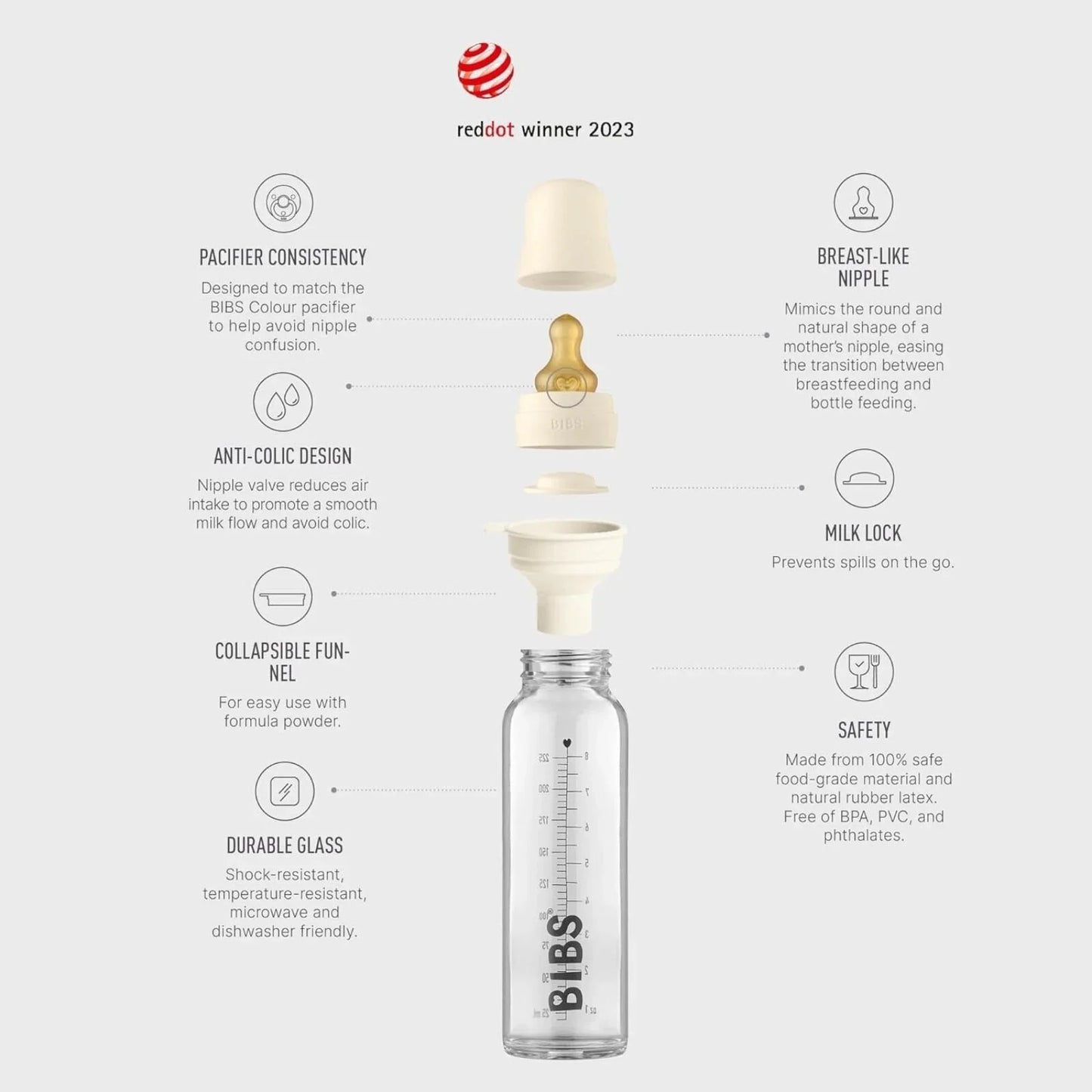 Biberon en verre BIBS pour bébé, ensemble complet, latex, 225 ml - Sauge