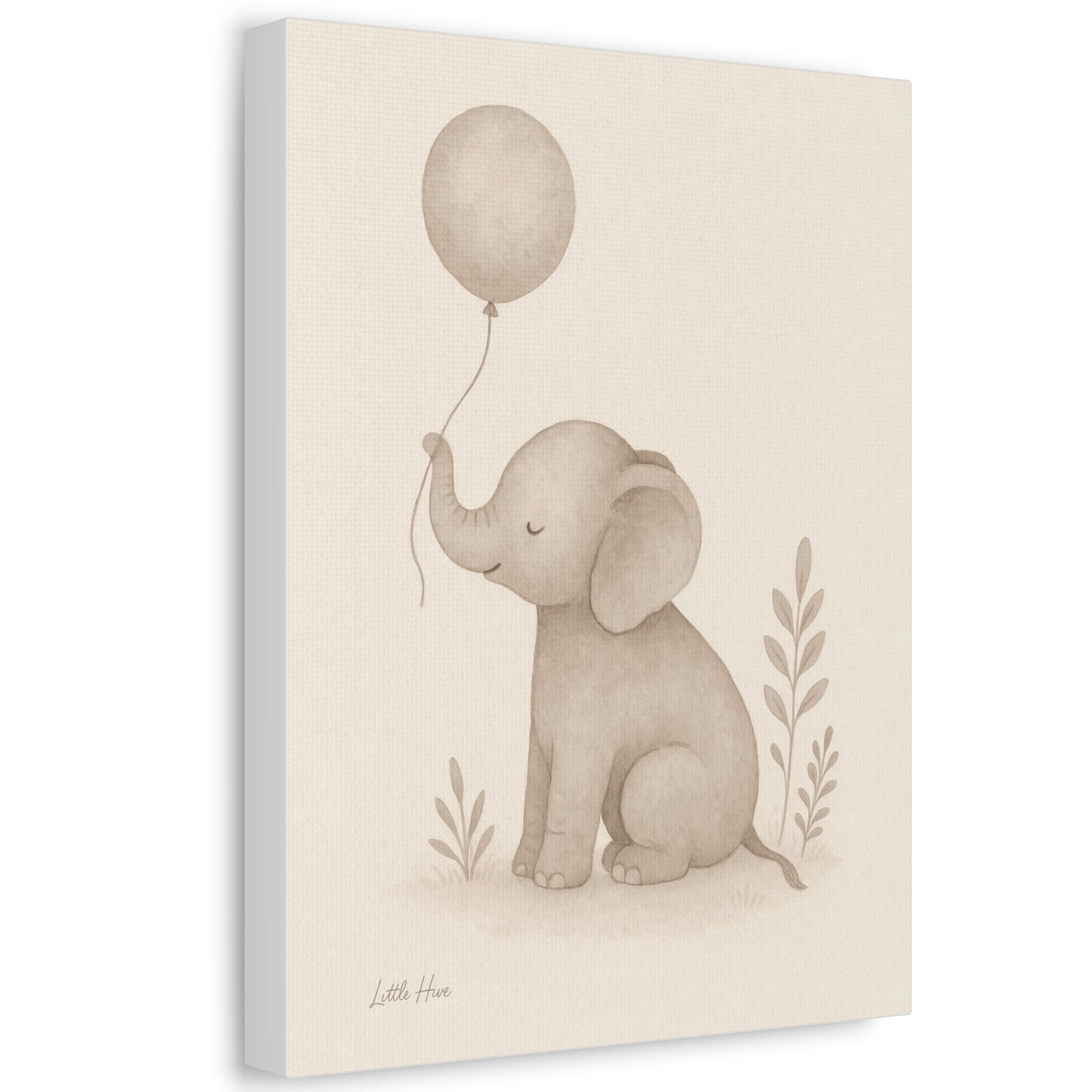 Baby Elephant Holding a Balloon — Nursery Stretched Canvas (Neutral Baby Room Wall Art)