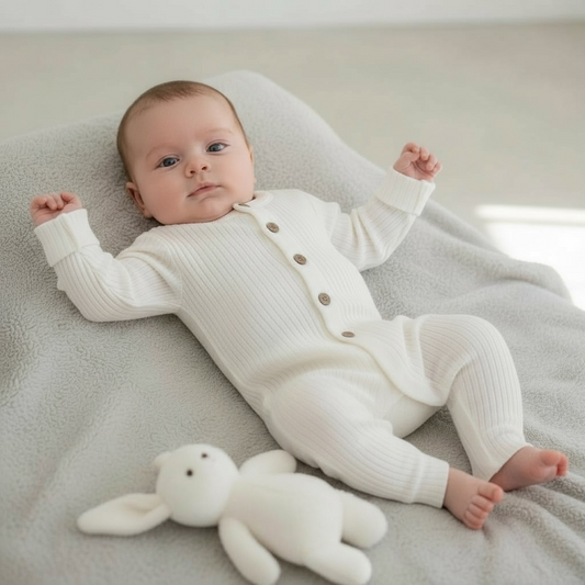 White Ribbed Button-Front Baby Romper