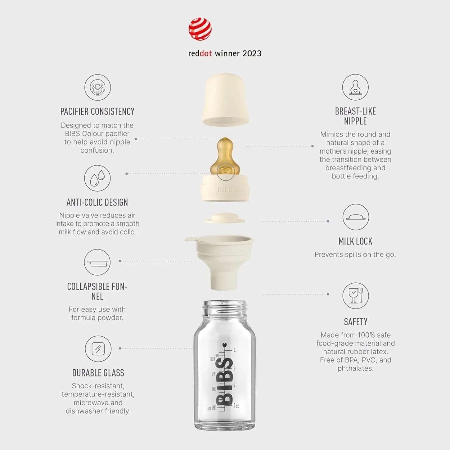 Biberon en verre BIBS pour bébé, ensemble complet en latex, 110 ml - Ivoire