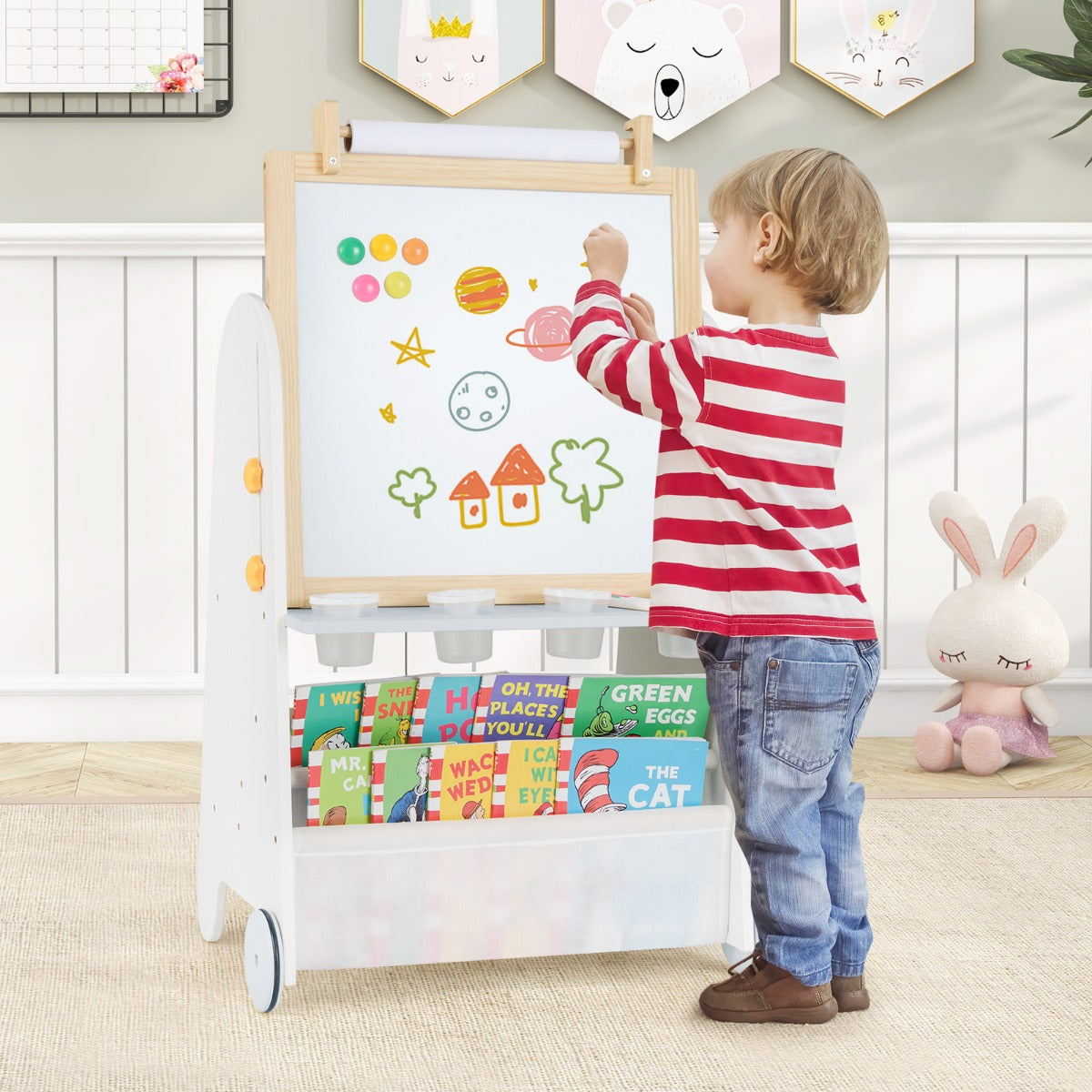 4-in-1 Toddler Activity Table Set with Magnetic Whiteboard and Bookshelves-Grey