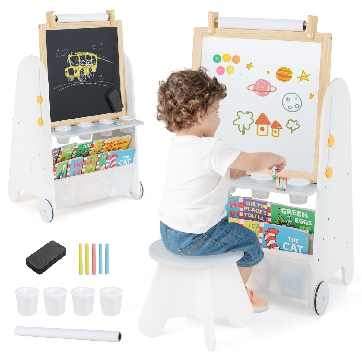 4-in-1 Toddler Activity Table Set with Magnetic Whiteboard and Bookshelves-Grey
