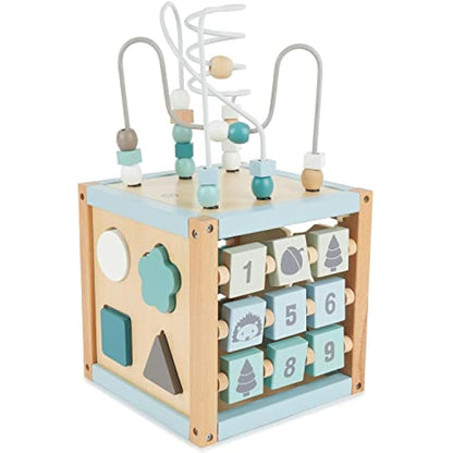 Bieco Scandi-Chic Motor Skills Cube | Motor Skills Toy from 1 Year | Modern Activity Centre Baby | Motor Skills Cube Wooden Activity Cube Baby with Plug-In Game and Motor Skills Loop
