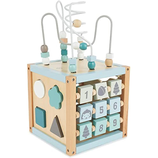 Bieco Scandi-Chic Motor Skills Cube | Motor Skills Toy from 1 Year | Modern Activity Centre Baby | Motor Skills Cube Wooden Activity Cube Baby with Plug-In Game and Motor Skills Loop