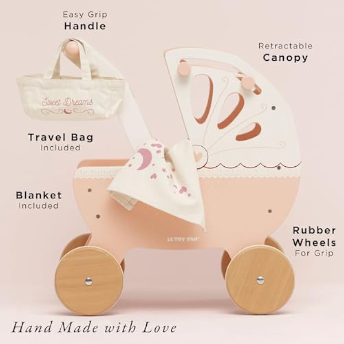 Le Toy Van - Educational Wooden Toy Role Play Beautiful Sweet Dreams Doll Toy Pram | Pretend Play Toy Pram Playset - For Ages 2+, Pink