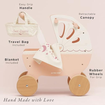 Le Toy Van - Educational Wooden Toy Role Play Beautiful Sweet Dreams Doll Toy Pram | Pretend Play Toy Pram Playset - For Ages 2+, Pink