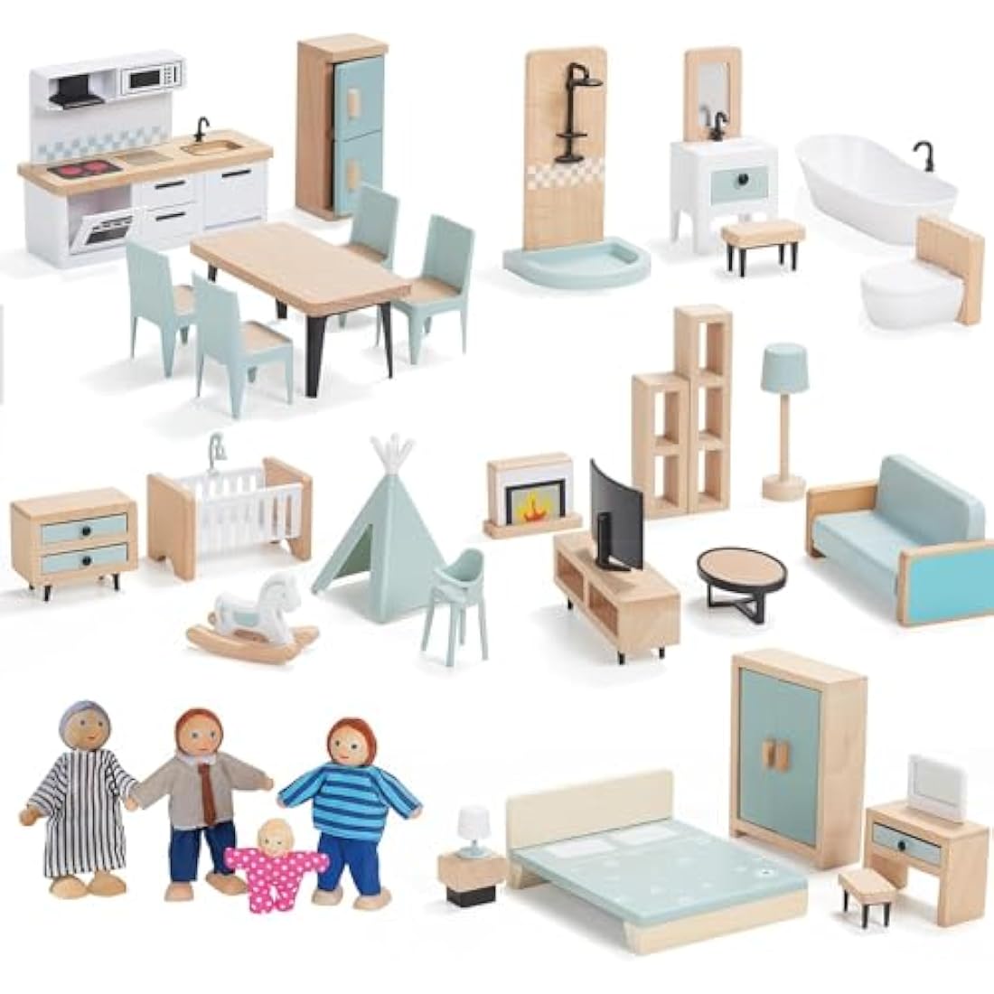 Giant bean Wooden Dollhouse Furniture Set, 36pcs Furnitures with 4 Family Dolls, Dollhouse Accessories Pretend Play Furniture Toys for Boys Girls & Toddlers 3Y+