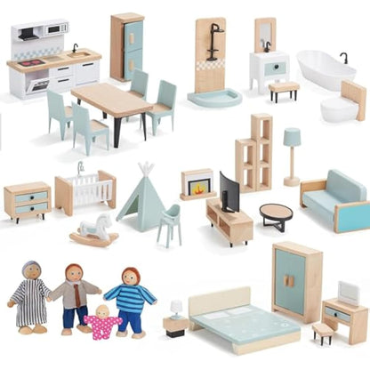 Giant bean Wooden Dollhouse Furniture Set, 36pcs Furnitures with 4 Family Dolls, Dollhouse Accessories Pretend Play Furniture Toys for Boys Girls & Toddlers 3Y+