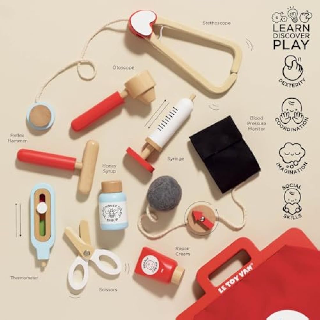 Le Toy Van Wooden Honeybake Doctors Play Set With Thermometer, Syringe, Stethoscope, Blood Pressure Gauge Plus More Role Play Toy
