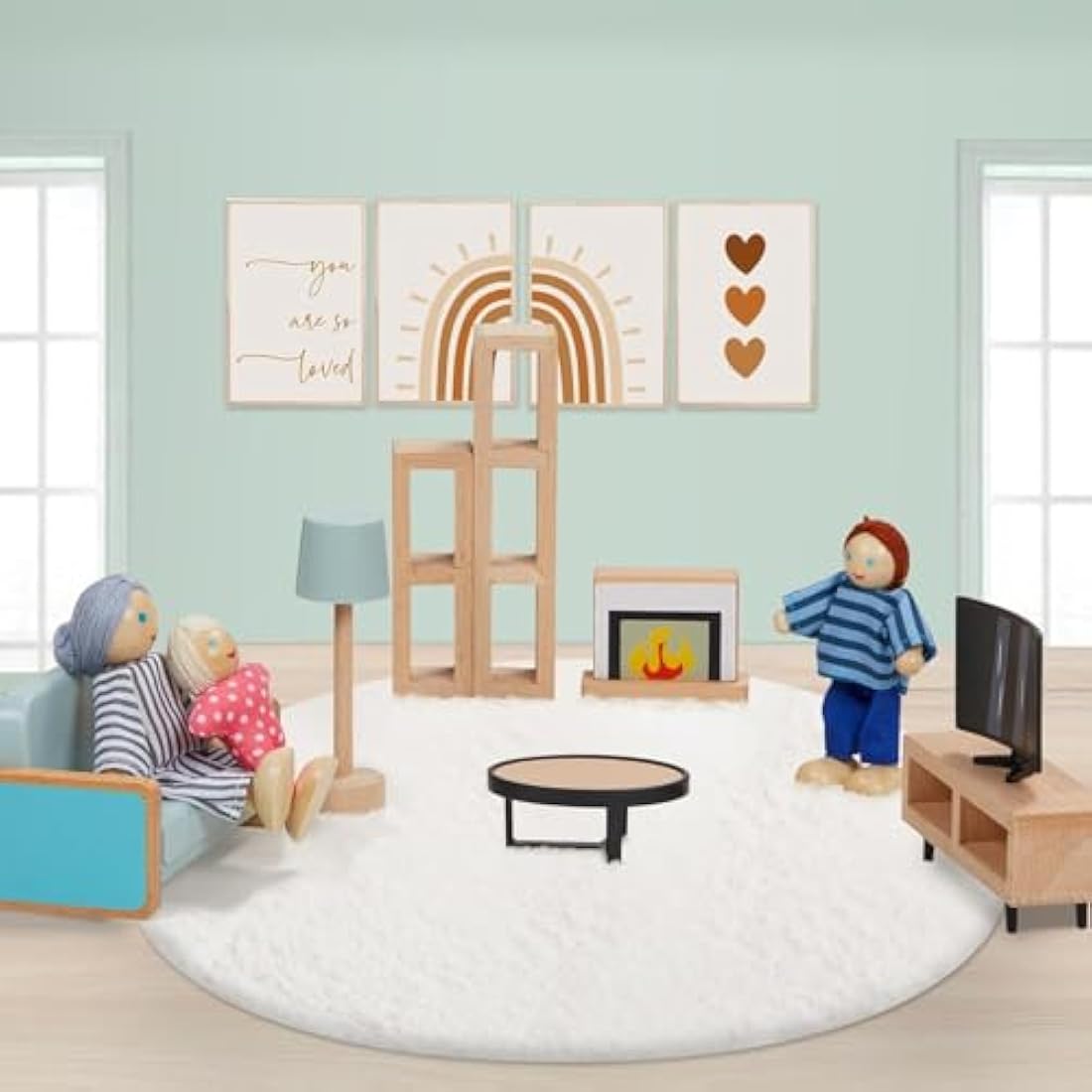 Giant bean Wooden Dollhouse Furniture Set, 36pcs Furnitures with 4 Family Dolls, Dollhouse Accessories Pretend Play Furniture Toys for Boys Girls & Toddlers 3Y+