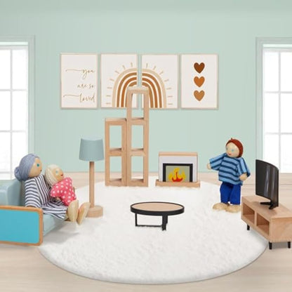 Giant bean Wooden Dollhouse Furniture Set, 36pcs Furnitures with 4 Family Dolls, Dollhouse Accessories Pretend Play Furniture Toys for Boys Girls & Toddlers 3Y+