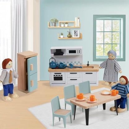 Giant bean Wooden Dollhouse Furniture Set, 36pcs Furnitures with 4 Family Dolls, Dollhouse Accessories Pretend Play Furniture Toys for Boys Girls & Toddlers 3Y+