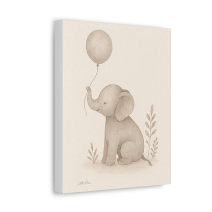 Baby Elephant Holding a Balloon — Nursery Stretched Canvas (Neutral Baby Room Wall Art)