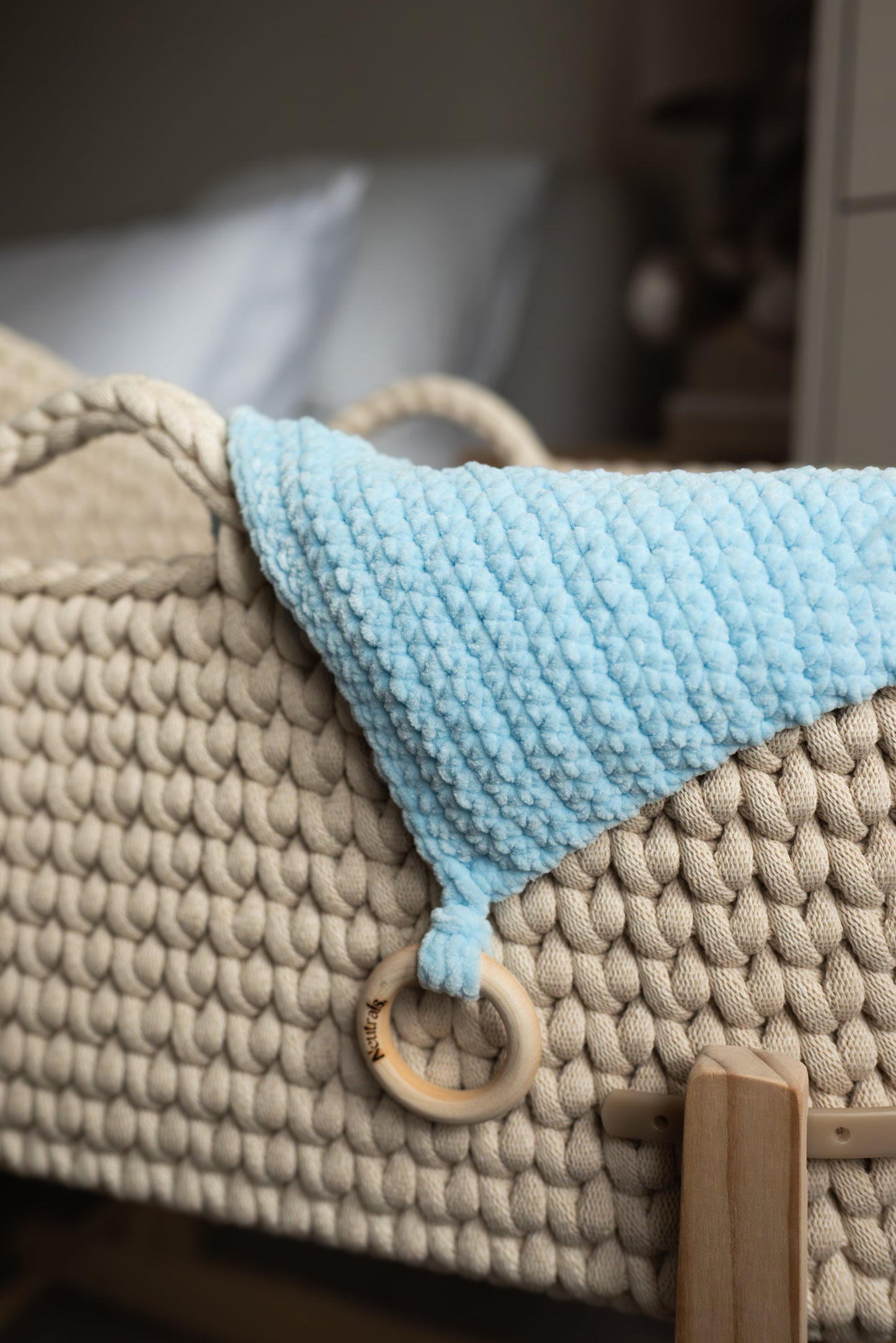 Soft Baby Comforter – Neutral Handmade with Wooden Ring