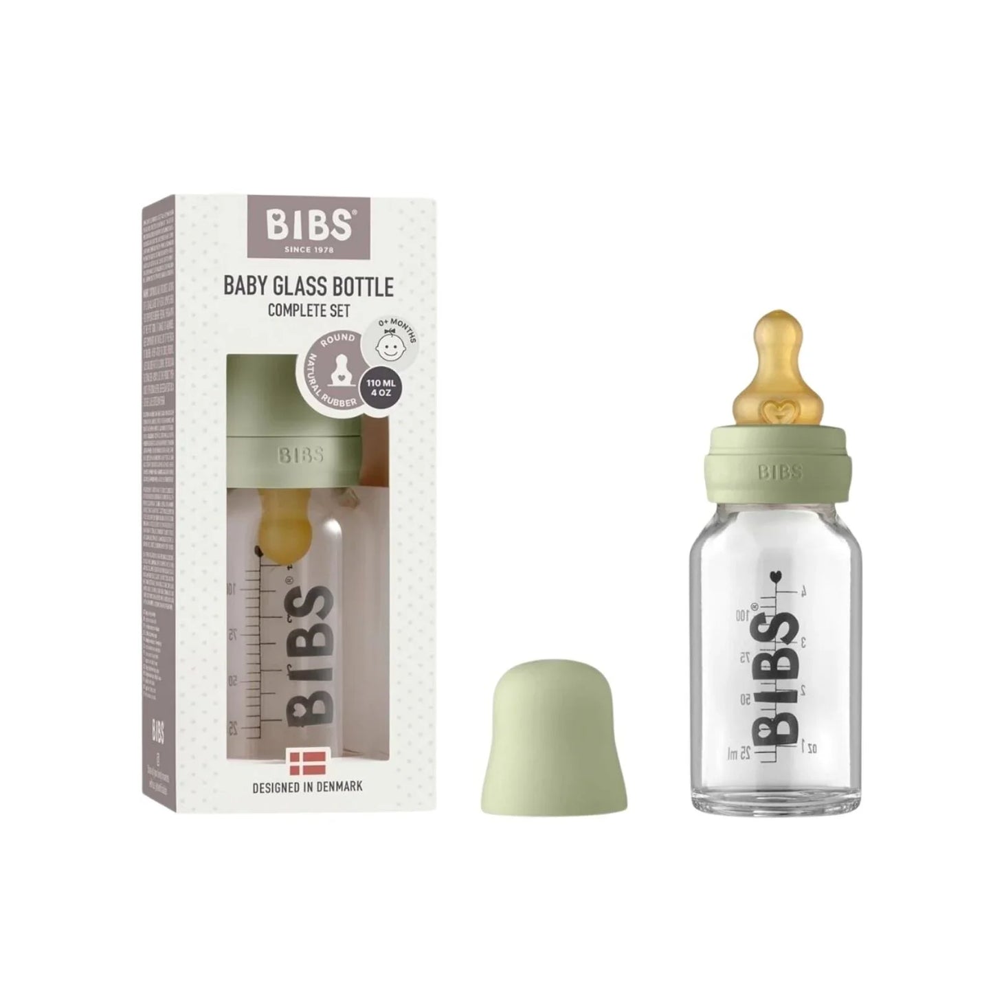 Biberon en verre BIBS pour bébé, ensemble complet en latex, 110 ml - Sauge