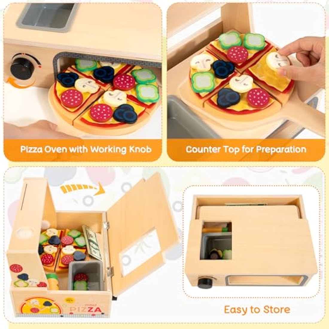 Wooden Pizza Counter Play Set Top & Bake Toy Set with Pizza Cutter 49 PCS Pretend Play Food Kitchen Set Toys for Preschoolers Kids Boys Girls Ages 3+