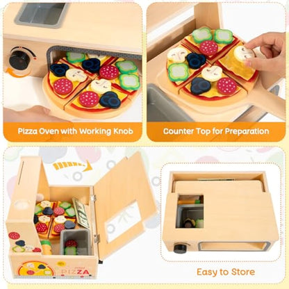 Wooden Pizza Counter Play Set Top & Bake Toy Set with Pizza Cutter 49 PCS Pretend Play Food Kitchen Set Toys for Preschoolers Kids Boys Girls Ages 3+