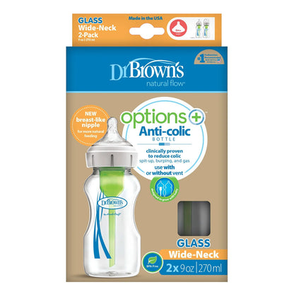 Bouteille en verre anti-coliques à col large Dr. Brown's Options+ 270 ml (lot de 2)