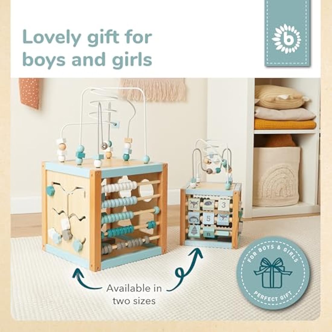 Bieco Scandi-Chic Motor Skills Cube | Motor Skills Toy from 1 Year | Modern Activity Centre Baby | Motor Skills Cube Wooden Activity Cube Baby with Plug-In Game and Motor Skills Loop