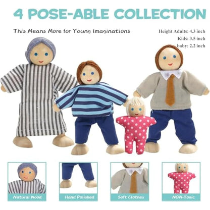 Giant bean Wooden Dollhouse Furniture Set, 36pcs Furnitures with 4 Family Dolls, Dollhouse Accessories Pretend Play Furniture Toys for Boys Girls & Toddlers 3Y+