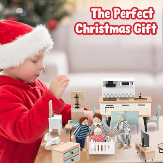 Giant bean Wooden Dollhouse Furniture Set, 36pcs Furnitures with 4 Family Dolls, Dollhouse Accessories Pretend Play Furniture Toys for Boys Girls & Toddlers 3Y+