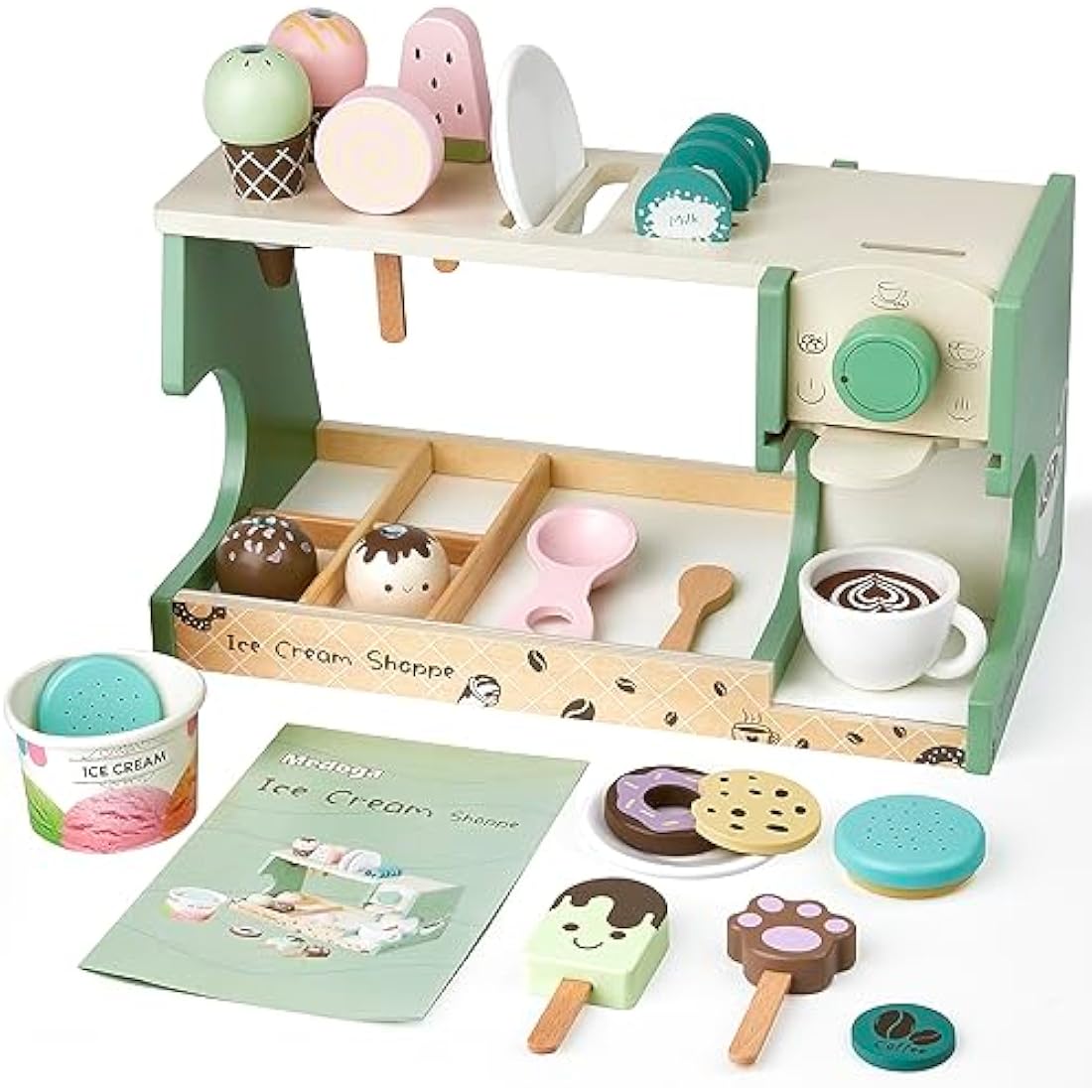 medoga Wooden Ice Cream Toy, 3-in-1 Ice Cream Counter with Coffee Maker 28 PCS Toddler Pretend Play Kitchen Accessories Wooden Toys for 3 4 5 6 Year Old Girl or Boy (Ice Cream)