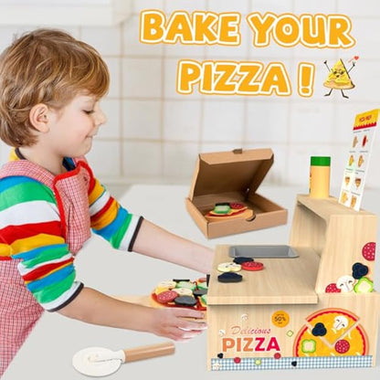 Wooden Pizza Counter Play Set Top & Bake Toy Set with Pizza Cutter 49 PCS Pretend Play Food Kitchen Set Toys for Preschoolers Kids Boys Girls Ages 3+