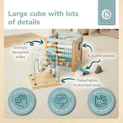Bieco Scandi-Chic Motor Skills Cube | Motor Skills Toy from 1 Year | Modern Activity Centre Baby | Motor Skills Cube Wooden Activity Cube Baby with Plug-In Game and Motor Skills Loop