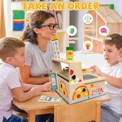 Wooden Pizza Counter Play Set Top & Bake Toy Set with Pizza Cutter 49 PCS Pretend Play Food Kitchen Set Toys for Preschoolers Kids Boys Girls Ages 3+