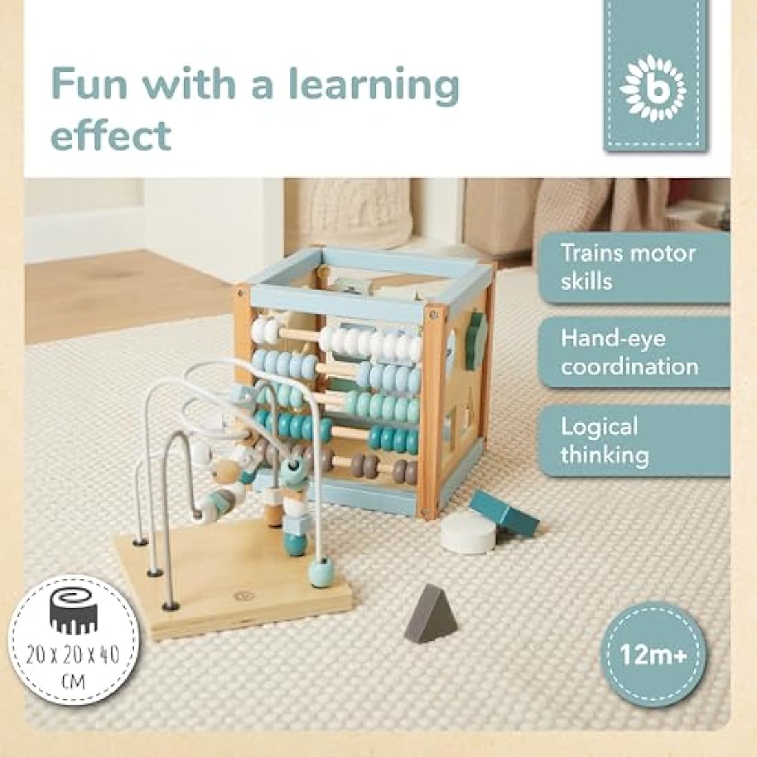 Bieco Scandi-Chic Motor Skills Cube | Motor Skills Toy from 1 Year | Modern Activity Centre Baby | Motor Skills Cube Wooden Activity Cube Baby with Plug-In Game and Motor Skills Loop